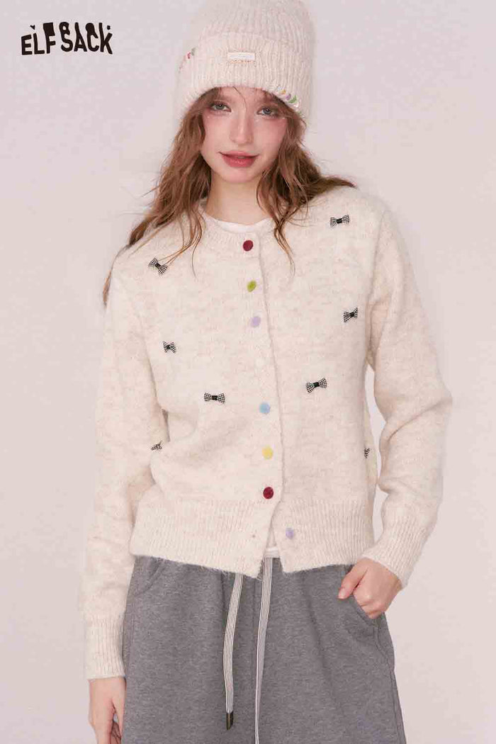ELFSACK Girly Cute Solid Bow Color Button Round Neck Cardigan