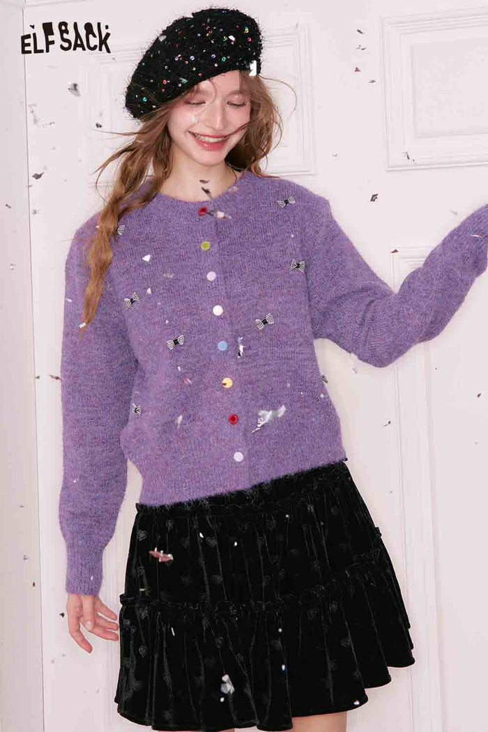ELFSACK Girly Cute Solid Bow Color Button Round Neck Cardigan