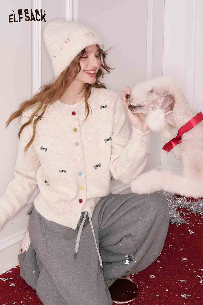ELFSACK Girly Cute Solid Bow Color Button Round Neck Cardigan