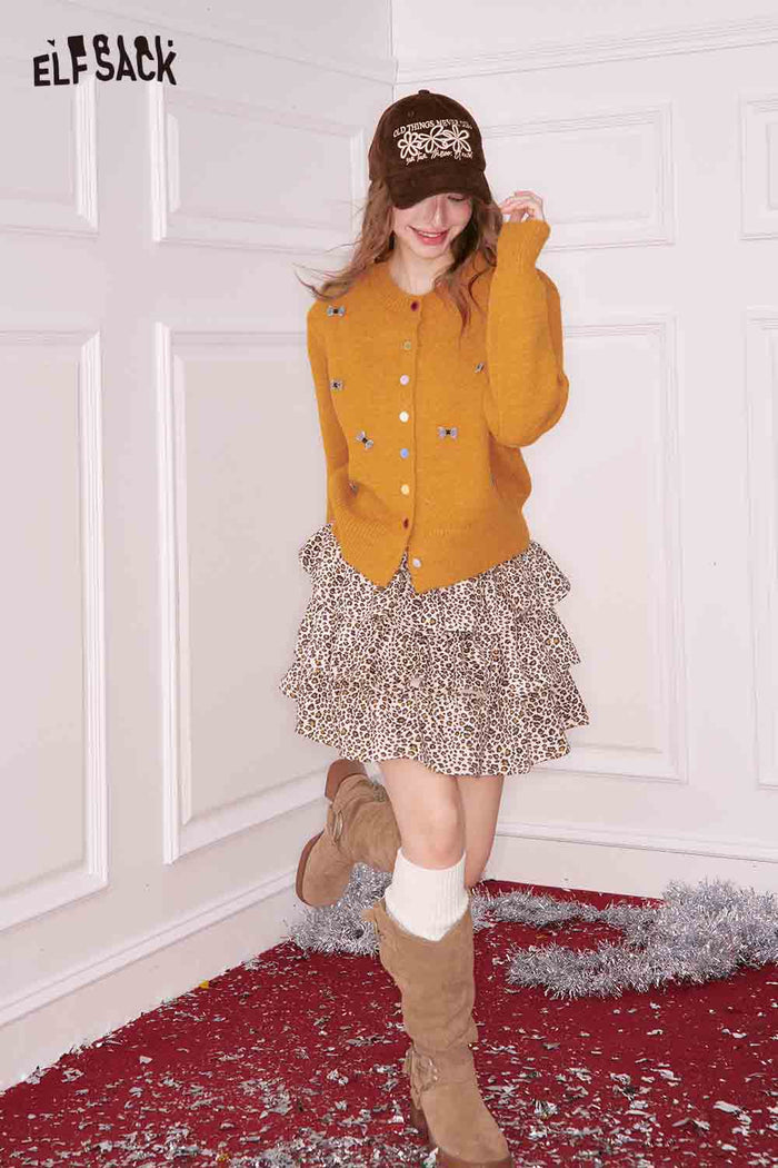 ELFSACK Girly Cute Solid Bow Color Button Round Neck Cardigan