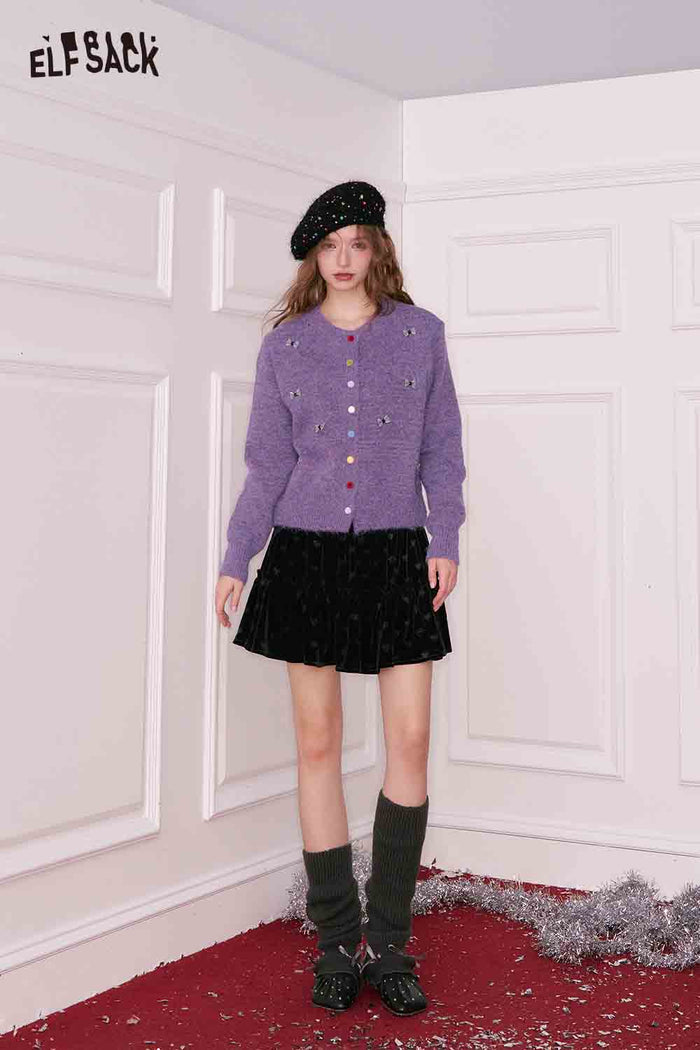 ELFSACK Girly Cute Solid Bow Color Button Round Neck Cardigan