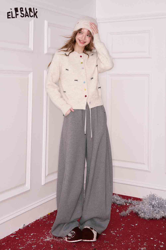 ELFSACK Girly Cute Solid Bow Color Button Round Neck Cardigan