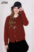 ELFSACK Girly Minimalist Solid Leopard Bow Button Cardigan