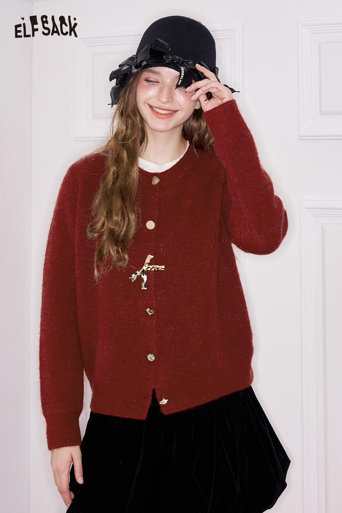 ELFSACK Girly Minimalist Solid Leopard Bow Button Cardigan