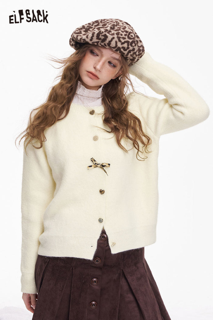 ELFSACK Girly Minimalist Solid Leopard Bow Button Cardigan