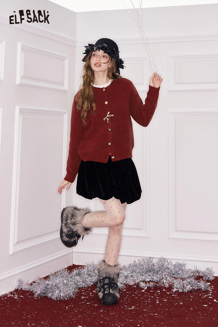 ELFSACK Girly Minimalist Solid Leopard Bow Button Cardigan