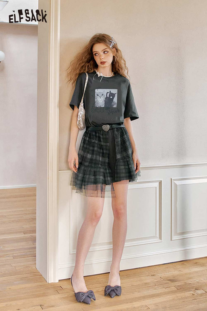 ELFSACK Gothic Cat Print Plaid Mini Dress