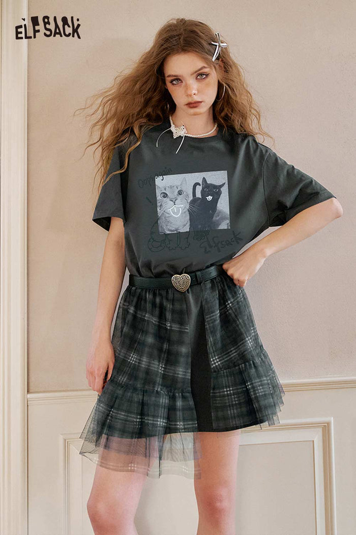 ELFSACK Gothic Cat Print Plaid Mini Dress