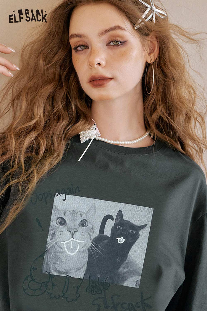 ELFSACK Gothic Cat Print Plaid Mini Dress