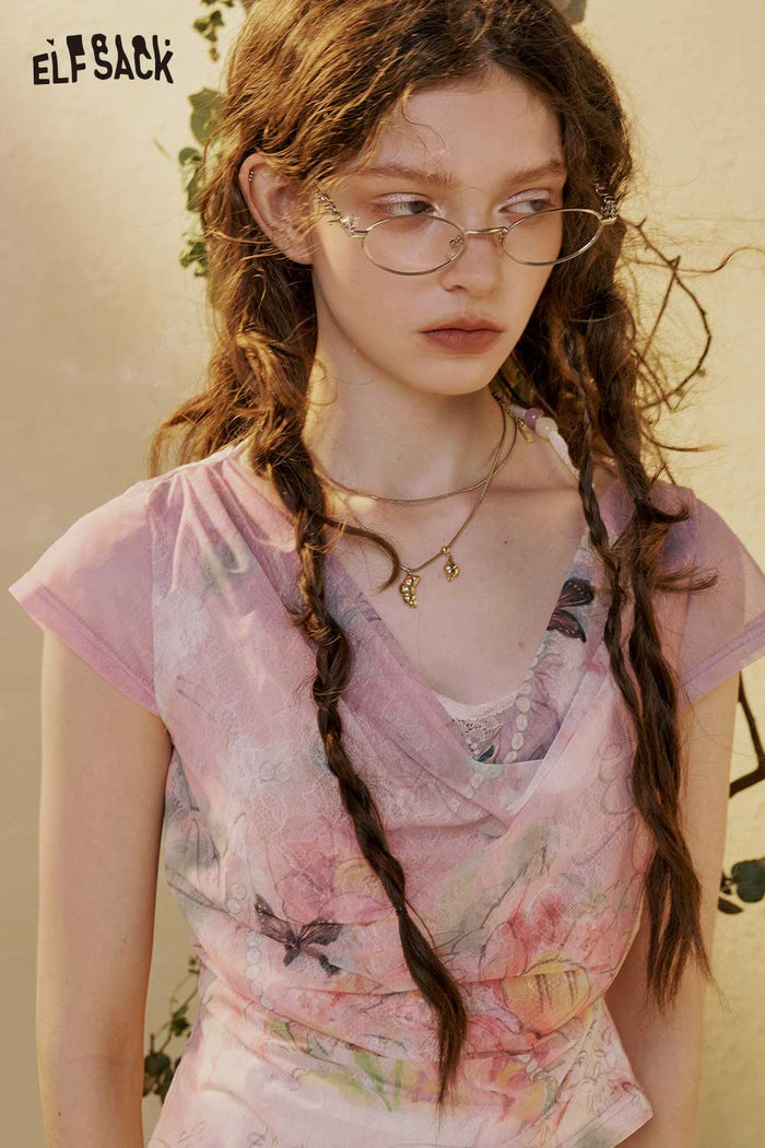ELFSACK Gradient Floral Butterfly Mesh Tee