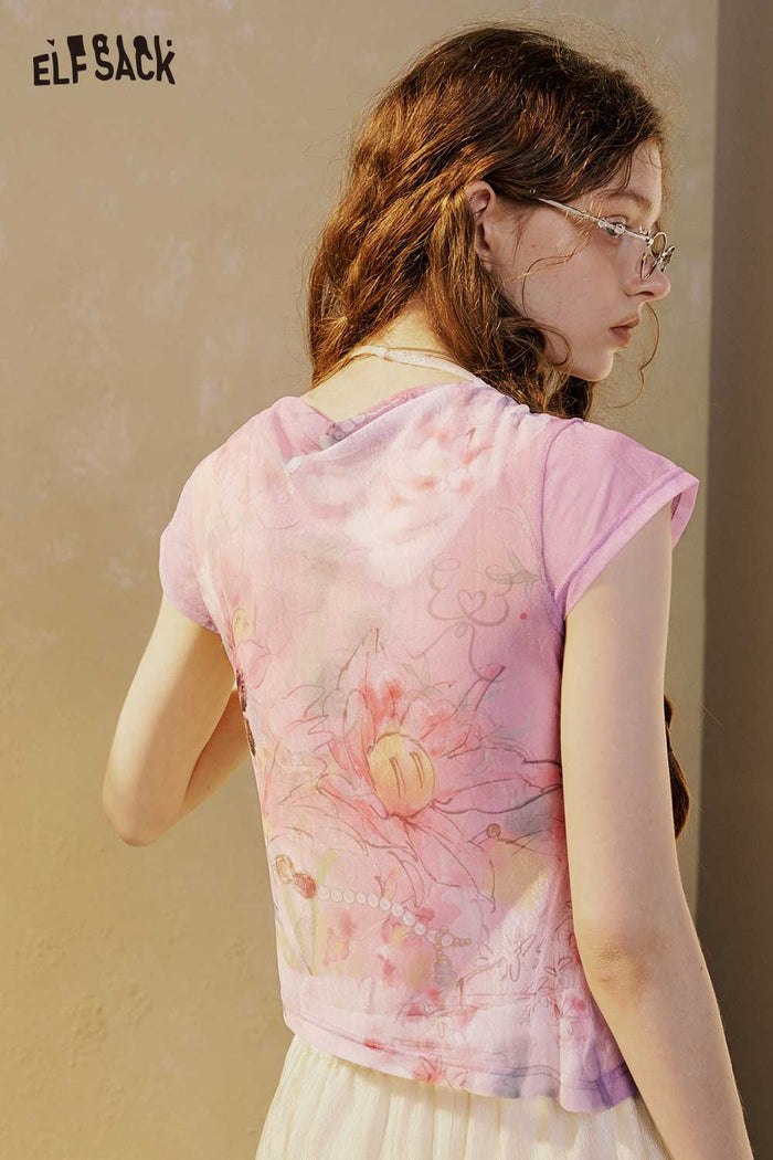 ELFSACK Gradient Floral Butterfly Mesh Tee