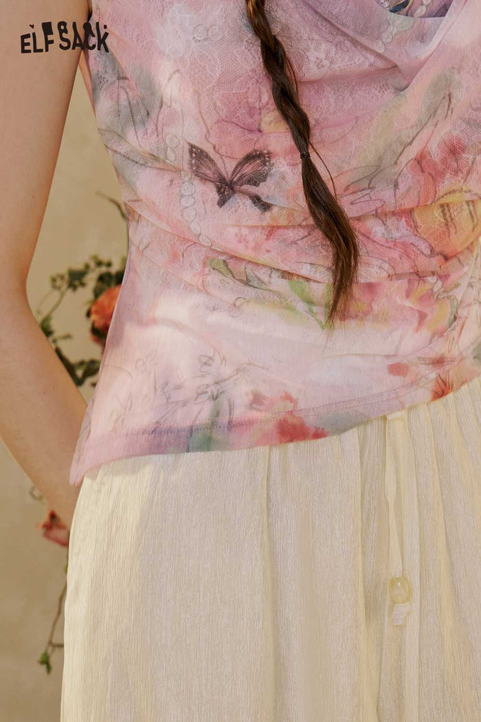 ELFSACK Gradient Floral Butterfly Mesh Tee