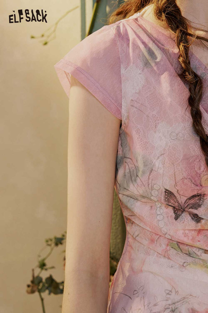 ELFSACK Gradient Floral Butterfly Mesh Tee