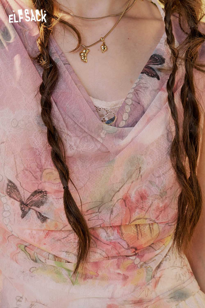 ELFSACK Gradient Floral Butterfly Mesh Tee