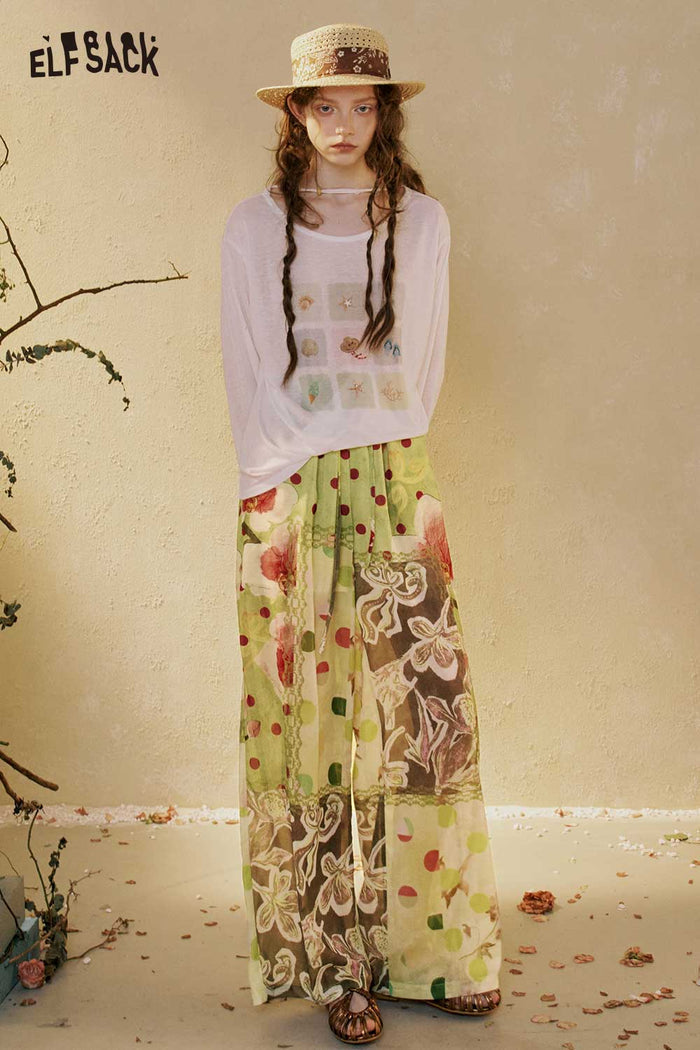 ELFSACK Gradient Lace Print Wide Leg Pants