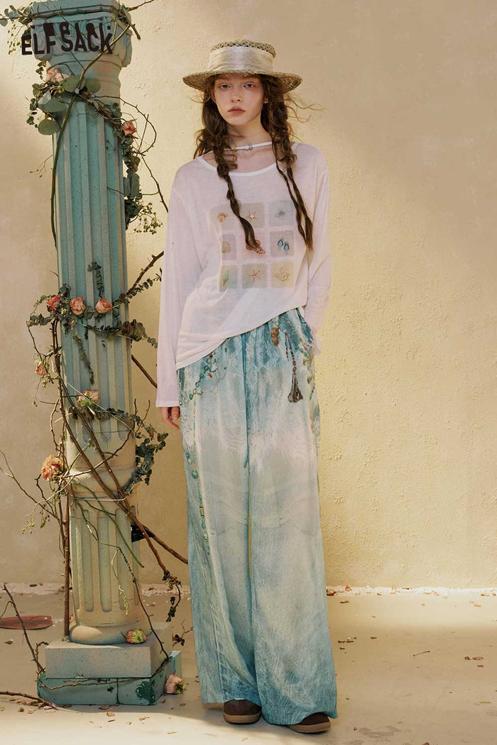 ELFSACK Gradient Lace Print Wide Leg Pants