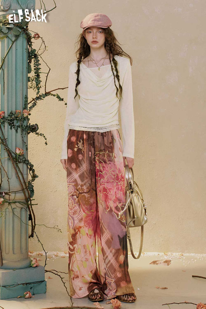 ELFSACK Gradient Lace Print Wide Leg Pants