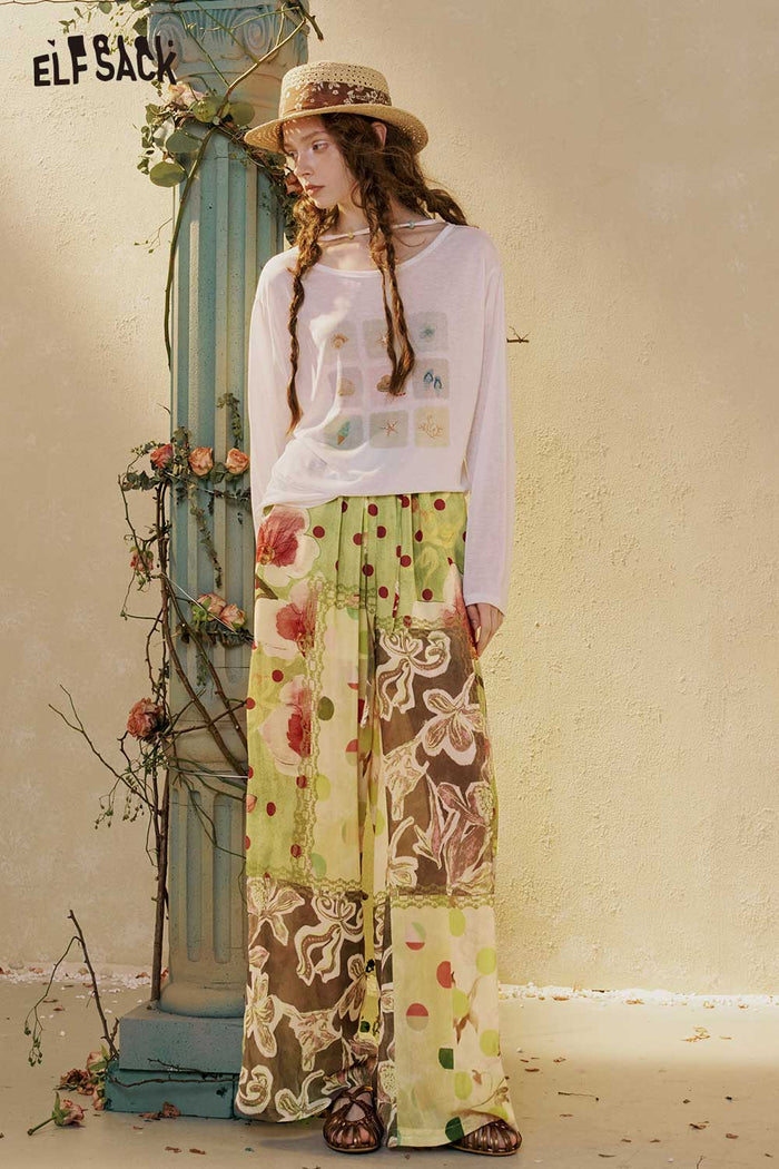 ELFSACK Gradient Lace Print Wide Leg Pants