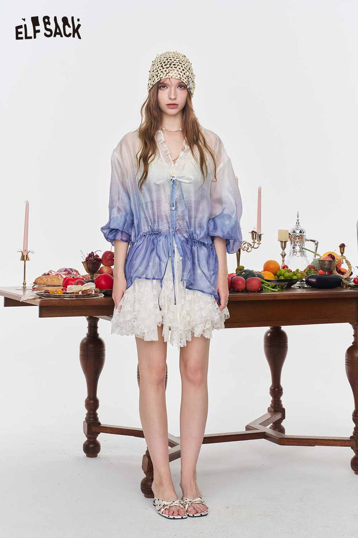 ELFSACK Gradient Ruffle V Neck Pearl Button Blouse