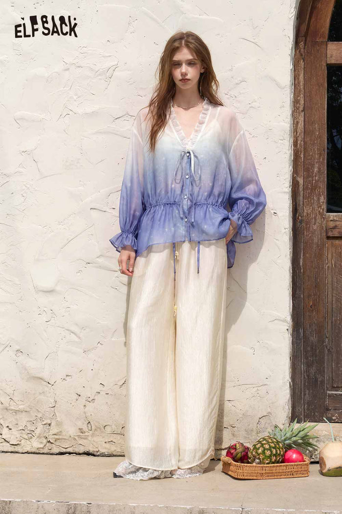 ELFSACK Gradient Ruffle V Neck Pearl Button Blouse