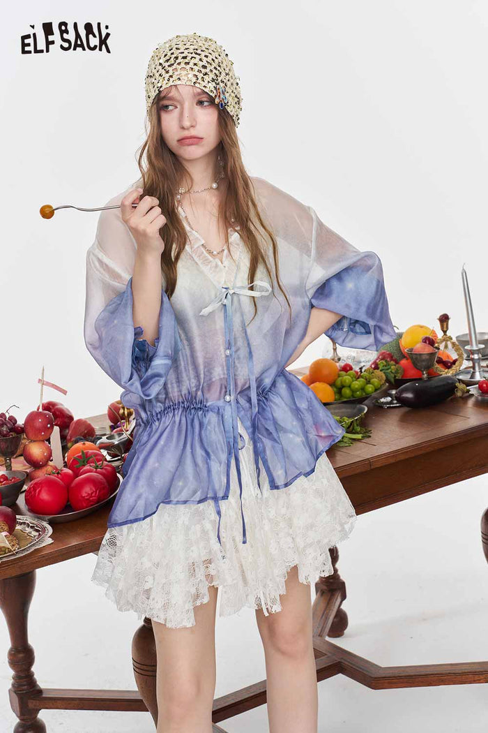 ELFSACK Gradient Ruffle V Neck Pearl Button Blouse