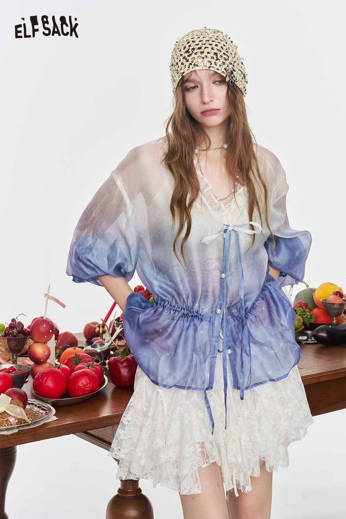 ELFSACK Gradient Ruffle V Neck Pearl Button Blouse