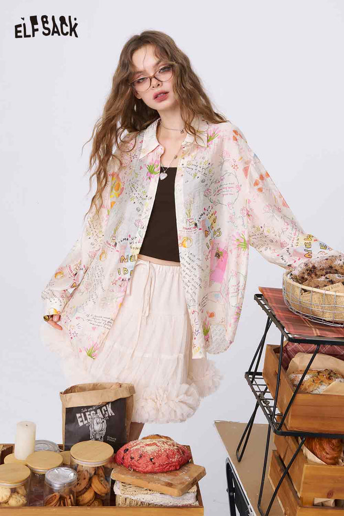 ELFSACK Graffiti Cartoon Print Long Sleeve Shirt