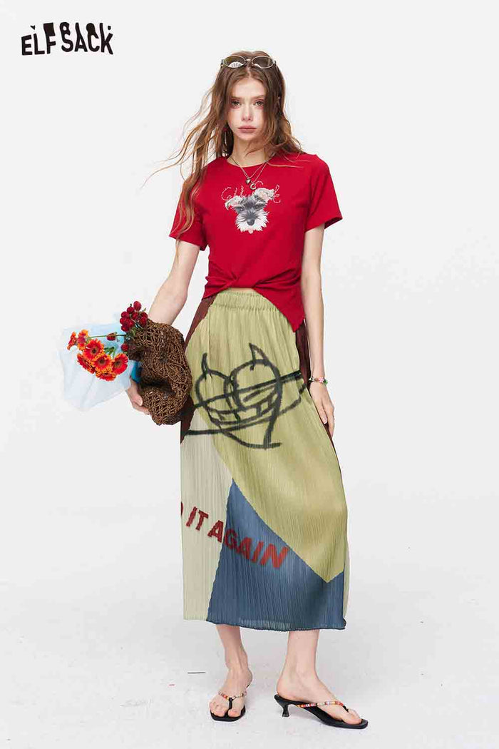 ELFSACK Graffiti Printed Pleated Midi Skirt