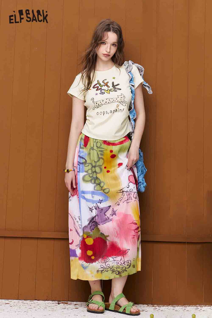 ELFSACK Graffiti Printed Pleated Midi Skirt