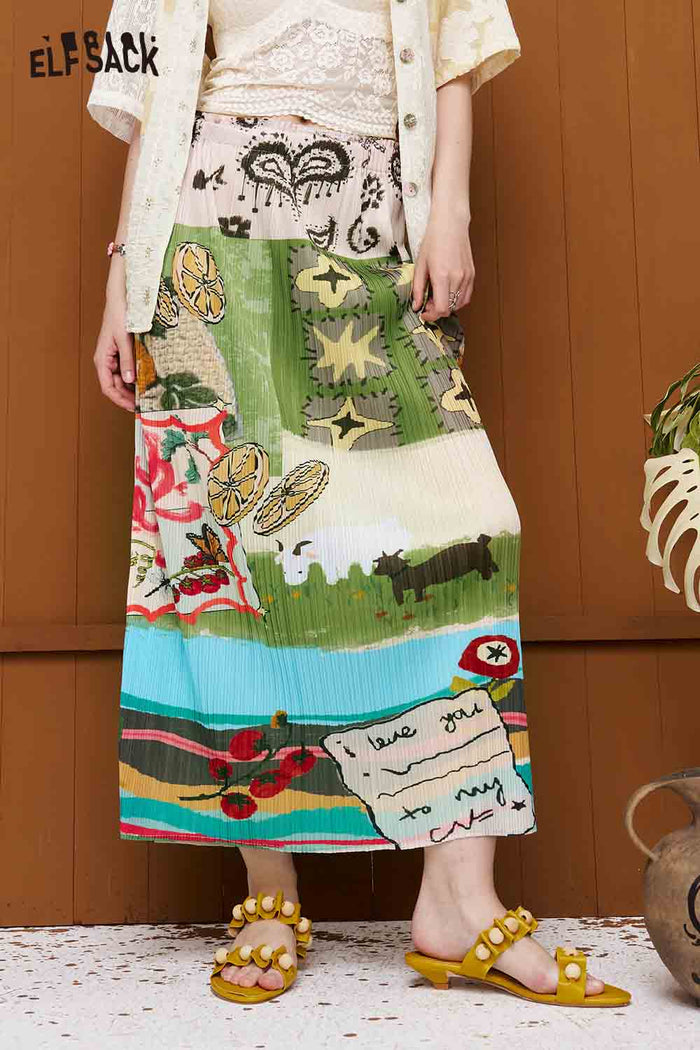 ELFSACK Graffiti Printed Pleated Midi Skirt