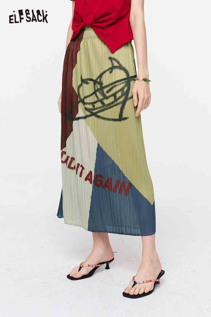 ELFSACK Graffiti Printed Pleated Midi Skirt