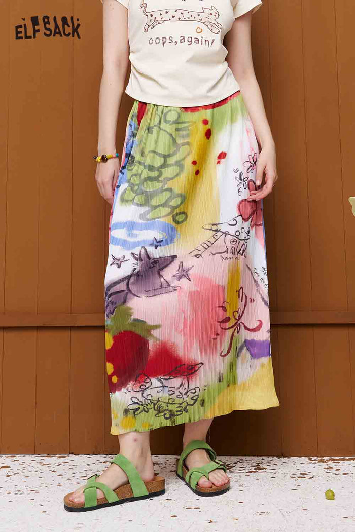 ELFSACK Graffiti Printed Pleated Midi Skirt