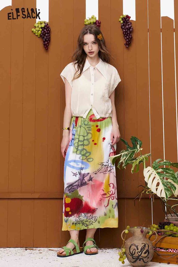 ELFSACK Graffiti Printed Pleated Midi Skirt