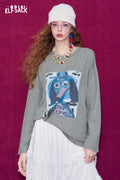 ELFSACK Graffiti Puppy Print Round Neck Long Sleeve T-Shirt
