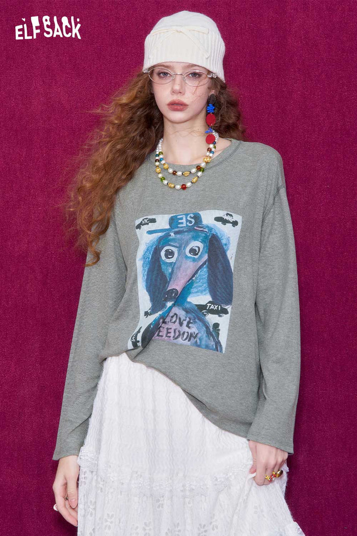 ELFSACK Graffiti Puppy Print Round Neck Long Sleeve T-Shirt