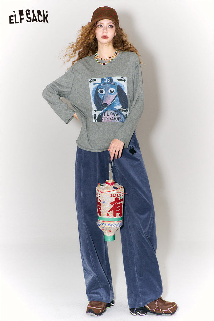 ELFSACK Graffiti Puppy Print Round Neck Long Sleeve T-Shirt