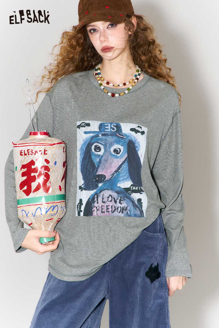 ELFSACK Graffiti Puppy Print Round Neck Long Sleeve T-Shirt