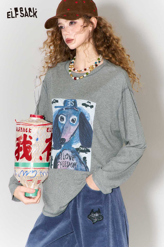 ELFSACK Graffiti Puppy Print Round Neck Long Sleeve T-Shirt