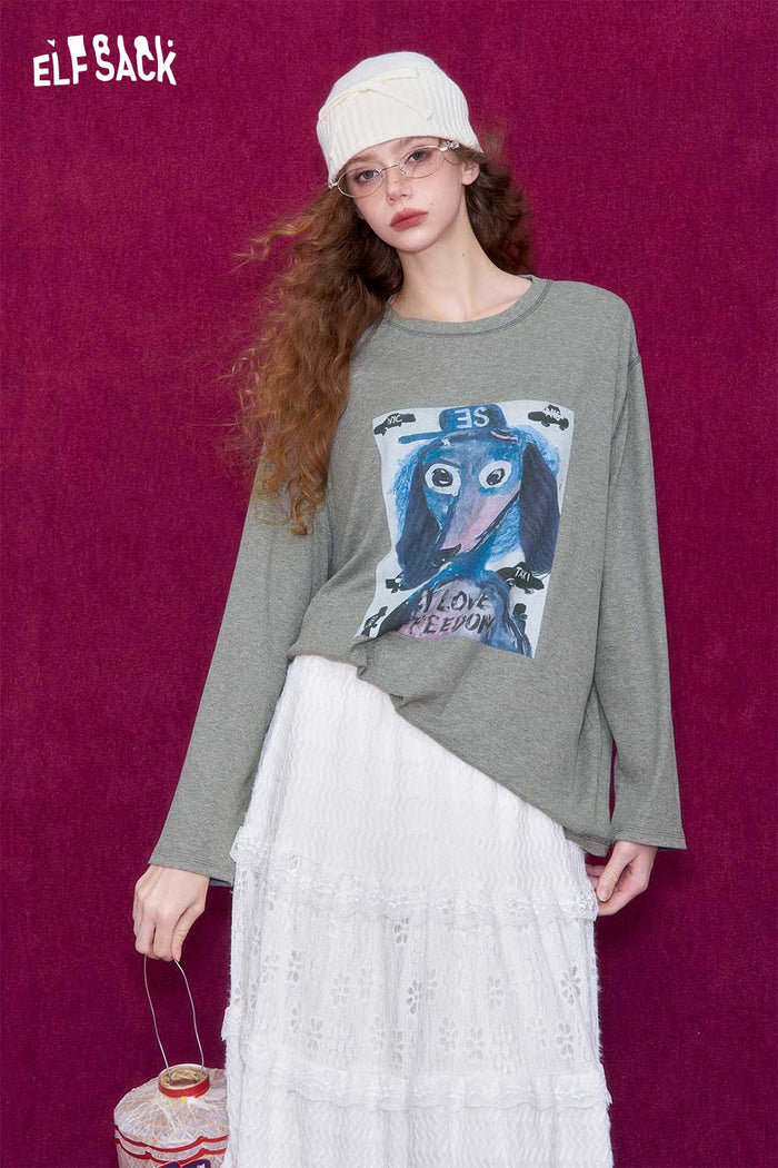 ELFSACK Graffiti Puppy Print Round Neck Long Sleeve T-Shirt