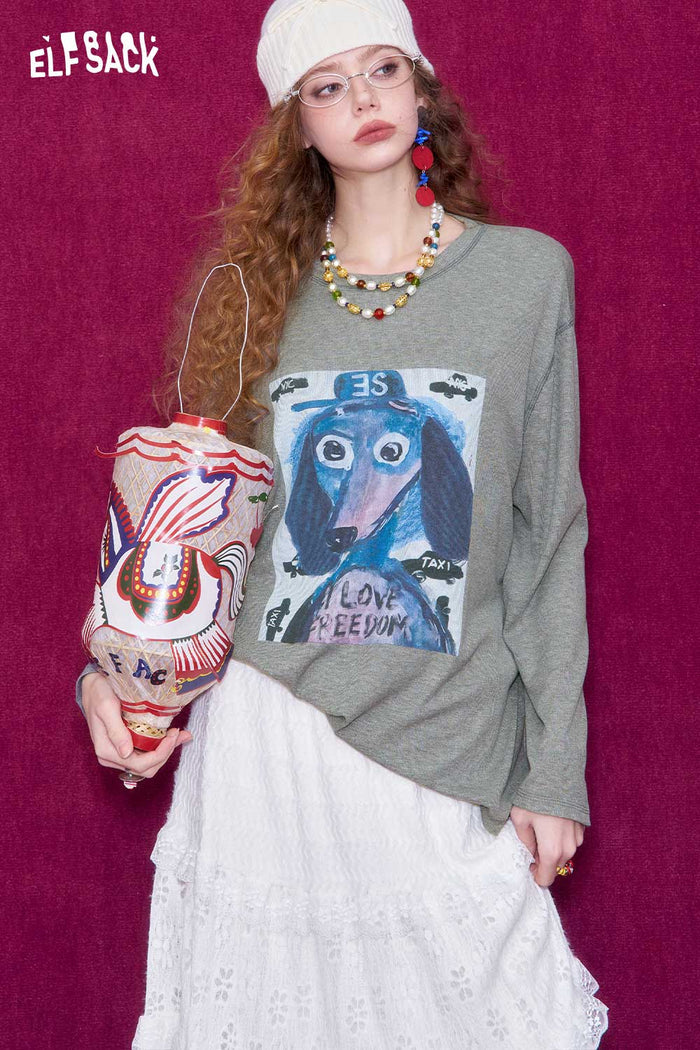 ELFSACK Graffiti Puppy Print Round Neck Long Sleeve T-Shirt