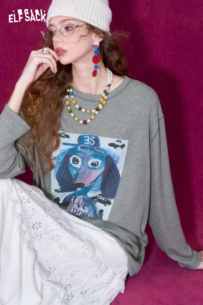 ELFSACK Graffiti Puppy Print Round Neck Long Sleeve T-Shirt