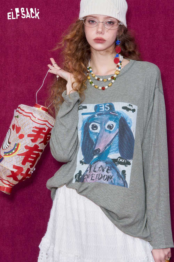 ELFSACK Graffiti Puppy Print Round Neck Long Sleeve T-Shirt