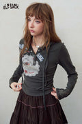 Graphic Lace Trim Hooded Top