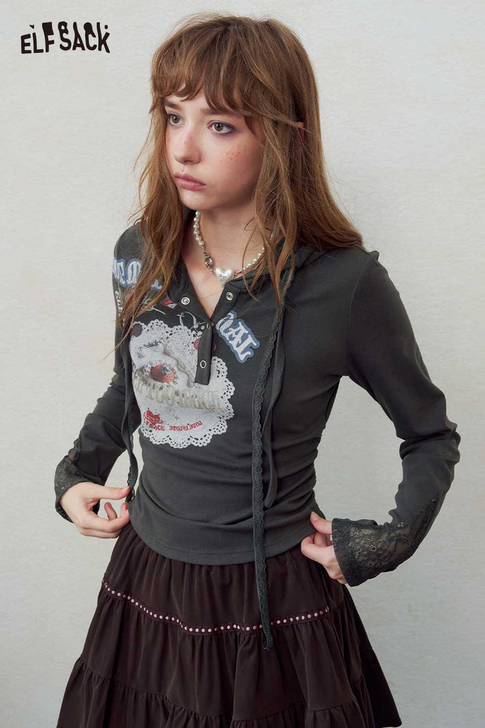 Graphic Lace Trim Hooded Top
