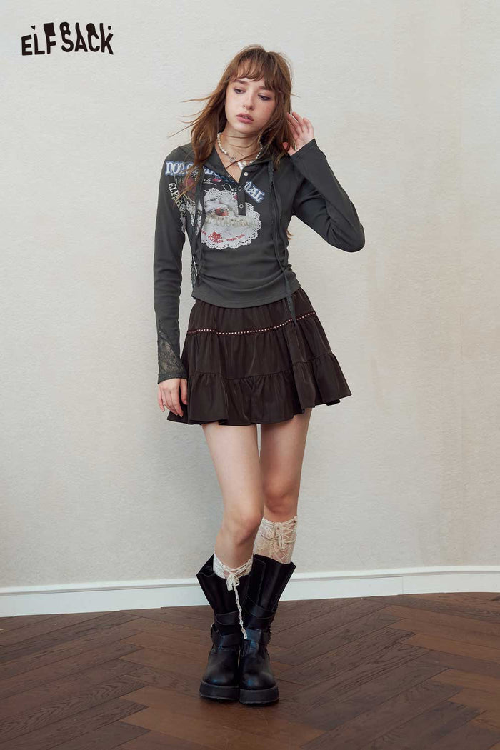 Graphic Lace Trim Hooded Top