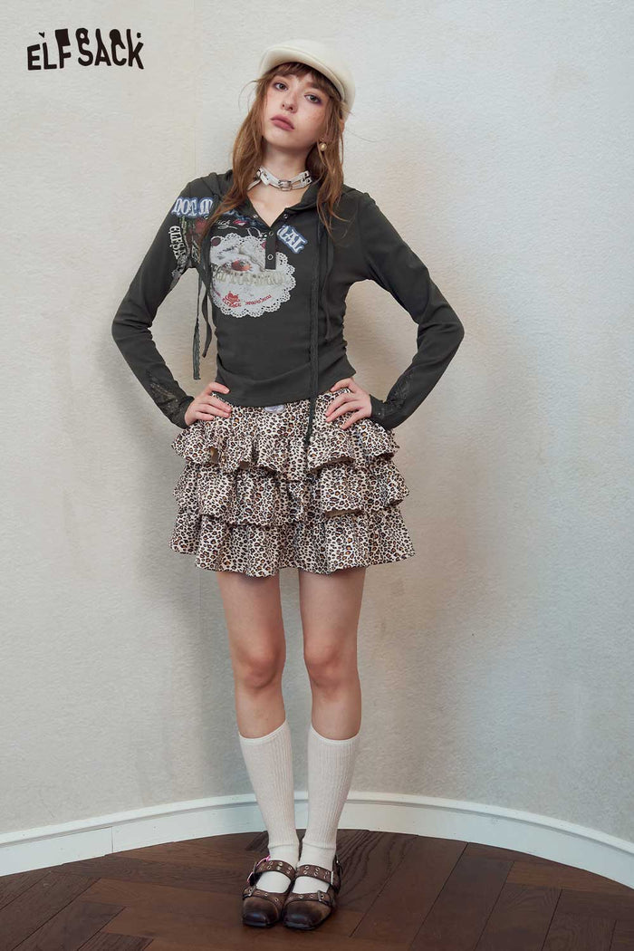 Graphic Lace Trim Hooded Top