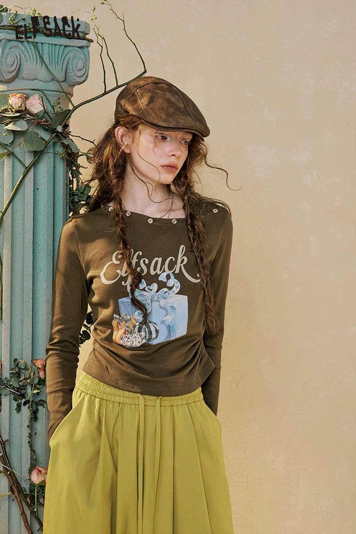 Graphic Long Sleeve Asymmetrical Neck Tee