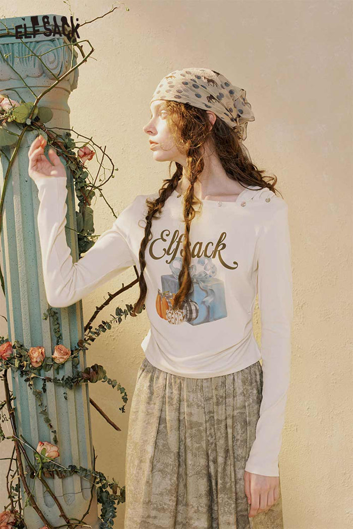 Graphic Long Sleeve Asymmetrical Neck Tee