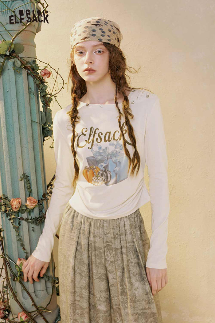 Graphic Long Sleeve Asymmetrical Neck Tee