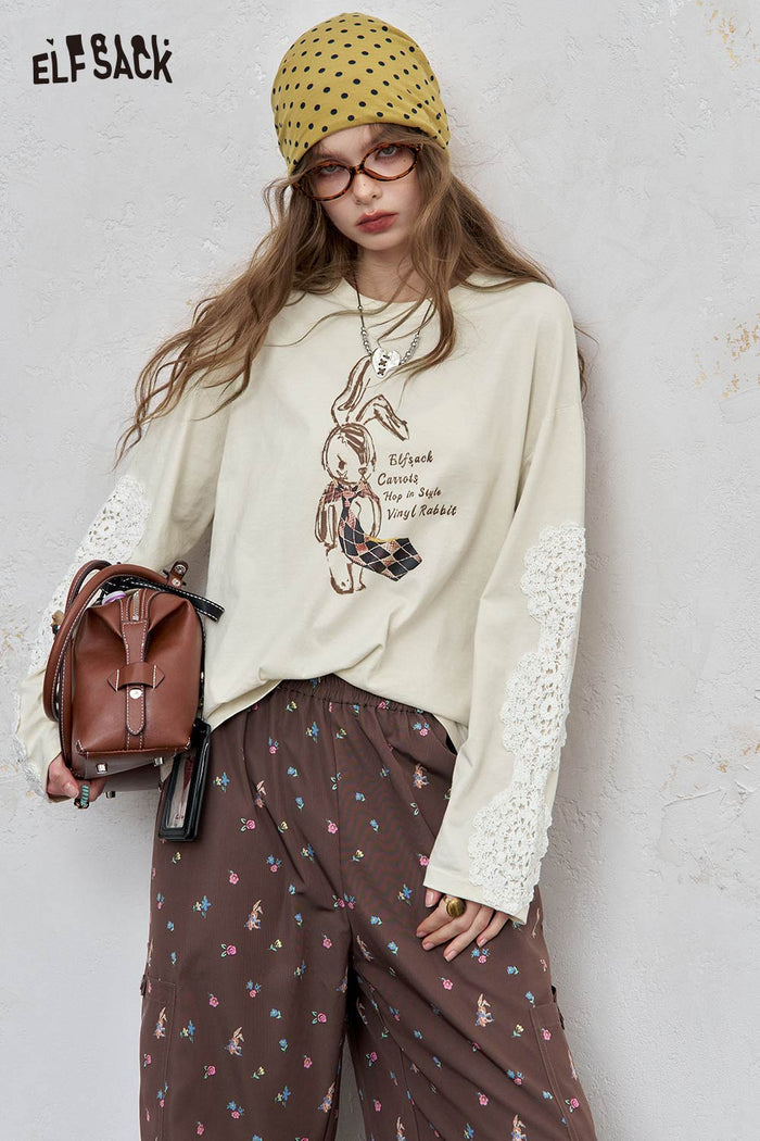 Graphic Long Sleeve Lace Bunny Tee